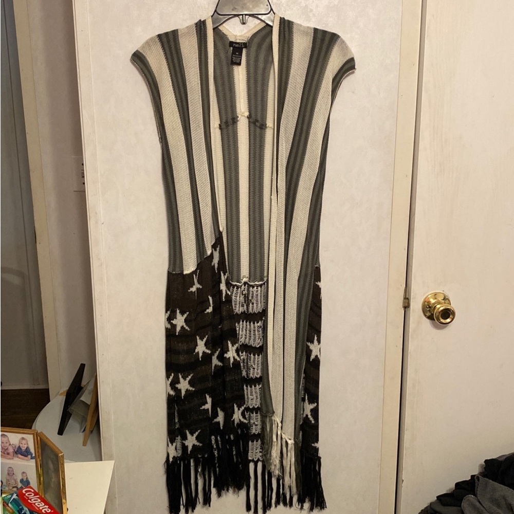 Long Black And White and Gray Flag Cardigan